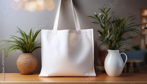 empty white blank tote bag with free copy space in a modern home interior
