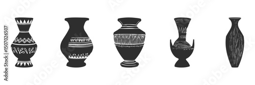 Silhouette Of Decorative Vases Set. Artistic Pottery Designs And Patterns. Isolated Vector Illustration Collection