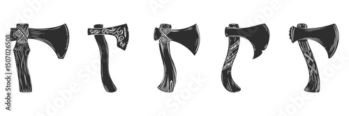 Viking Axes Silhouette Set. Traditional Nordic Weaponry With Ornate Designs Isolated Vector Illustration Collection