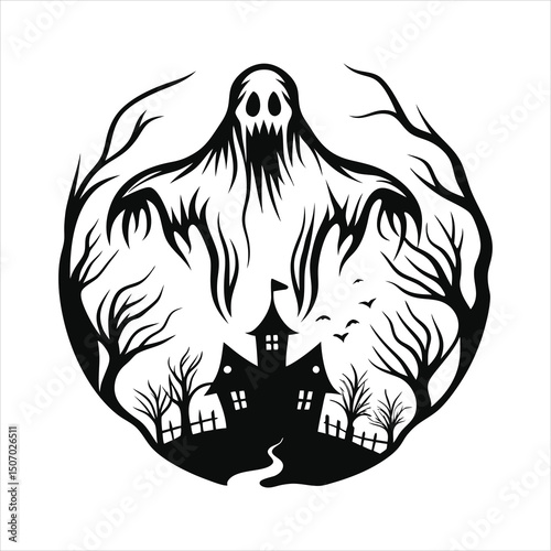 ghost flying over a haunted village  detailed