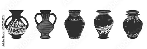 Decorative Ancient Vases Silhouette Set. Traditional Pottery Art And Design Elements Isolated Vector Illustration Collection