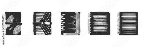 Notebook And Journal Silhouette Set. Artistic Stationery Collection For Writing And Sketching. Isolated Vector Illustration Collection