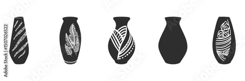 Decorative Vase Silhouette Set. Artistic Patterns And Designs Isolated Vector Illustration Collection