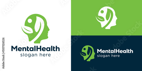 Creative simple mental health logo template. Head and nature leaf logo design vector illustration.