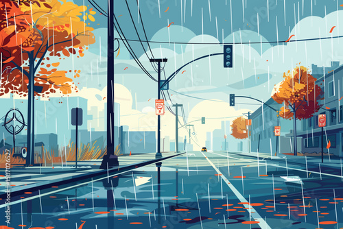 raining empty street road with crossroad and traffic light city buildings skyline modern architecture cityscape background.