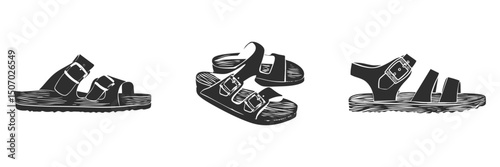 Silhouette Sandal Collection. Casual Footwear Design With Buckles Isolated Vector Illustration Set