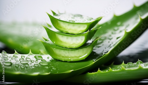fresh green aloe vera leaves stacked together showcasing their vibrant color and watery texture in natural light