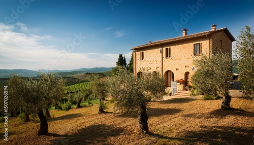 rustic tuscan villa nestled among olive groves in idyllic mediterranean landscape
