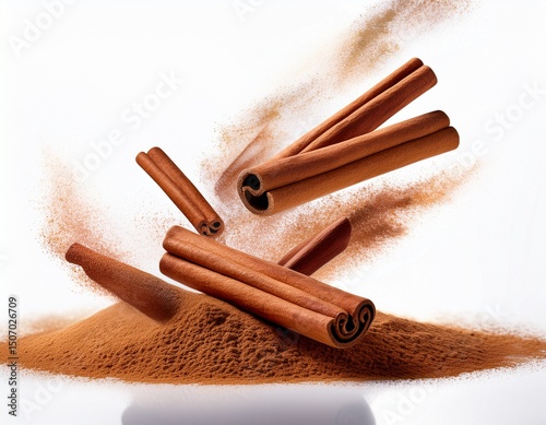 falling cinnamon stick isolated on white background