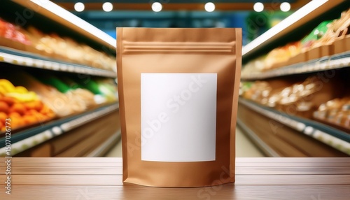 a food kraft pouch bag with a blank label in a supermarket