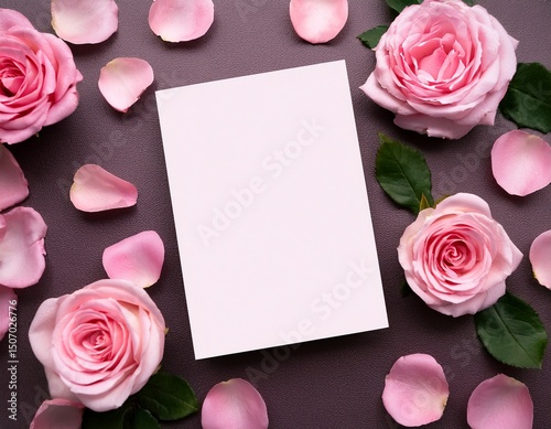 blank card mock up on the background with pink roses