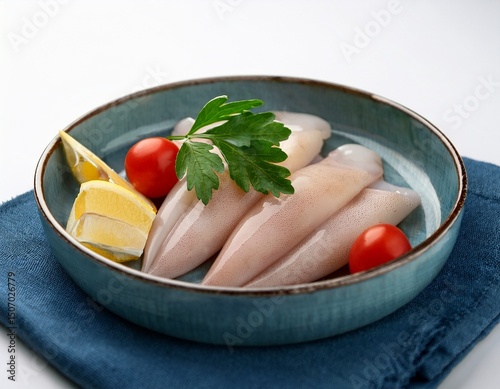 close up of cleaned loligo squid garnished with curry leaves tomato lemon and herbs against a white backdrop