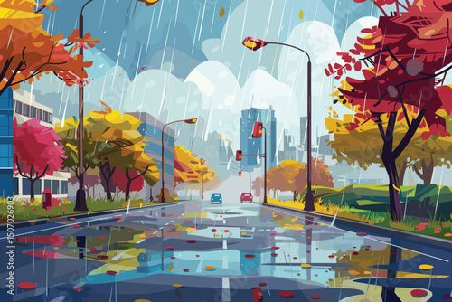 raining empty street road with crossroad and traffic light city buildings skyline modern architecture cityscape background.