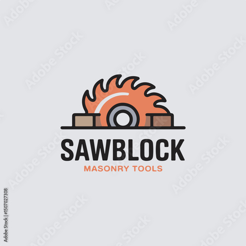Modern sawblock logo featuring a circular saw and text describing it as masonry tools for construction and professional use.