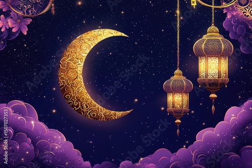 Ornate golden crescent moon and lanterns against a purple night sky