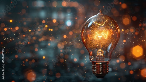 Glowing Light Bulb Floating in Futuristic Void with Electric Currents Symbolizing Innovation
