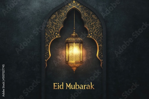 Glowing lantern in ornate archway eid mubarak greeting