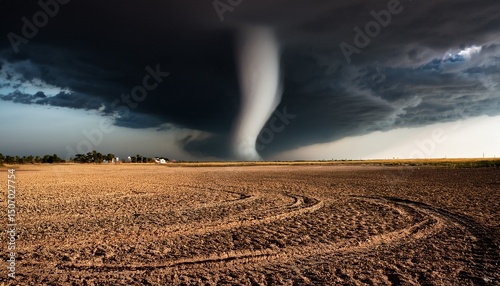 raging tornado at the with in a dry dirt field with black clouds