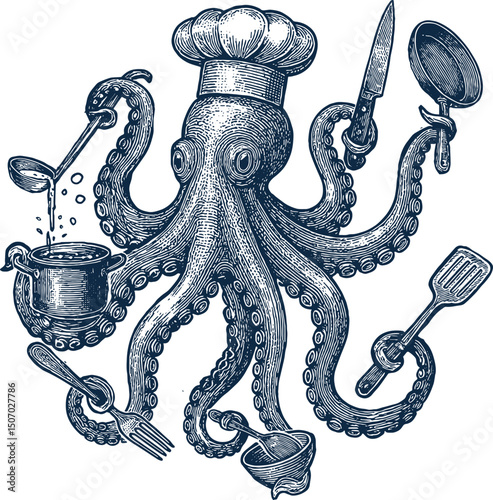 octopus chef with kitchen utensils sketch style engraving vector