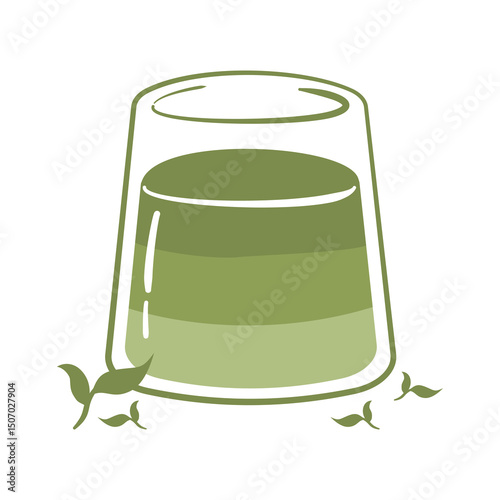 Refreshing glass of matcha green tea with layers and scattered tea leaves, perfect for health, wellness, and Japanese inspired designs.