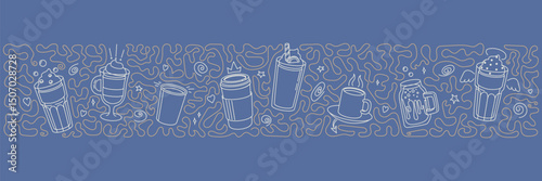 Blue horizontal cafe banner with coffee cups in line art style, vector illustration