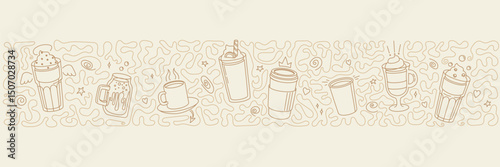 Light horizontal cafe banner with coffee cups in line art style, vector illustration