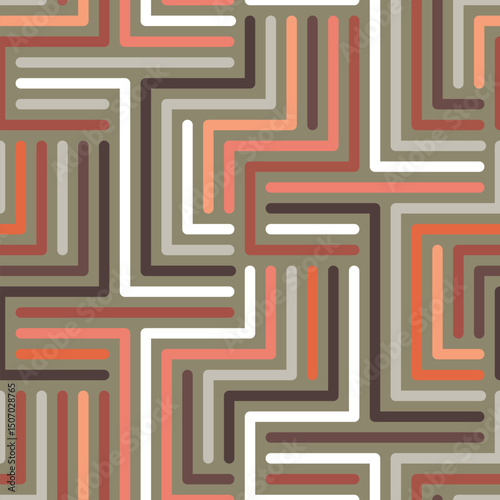 Seamless abstract geometric pattern with a maze of multicolored lines. Colorful labyrinth with a retro style design. Vector illustration.
