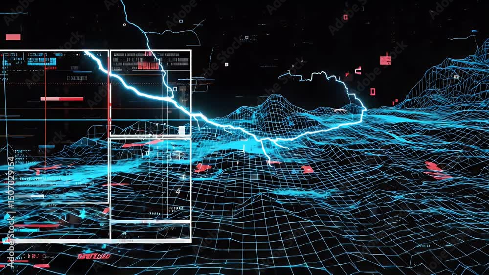 Abstract digital landscape with data overlays and lightning