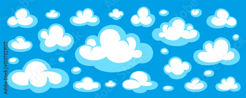 Cartoon cloud vector background with comic style white clouds on bright blue sky. Comic and cloud elements in cartoon vector style. Perfect for game design, kids projects, weather apps, posters