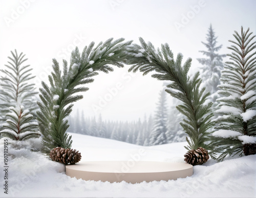 Winter Minimalist Beige Podium Scene – Snow-Dusted Display with Pinecone Arch, Soft Off-White Background for Wellness or Holiday Beauty Branding