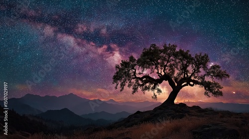 Lone tree under starry sky with milky way, mountain landscape, cosmic nature scene

