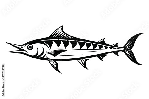 Elegant Black and White Marlin Illustration Detailed Fish Artwork Design with Fins and Tail