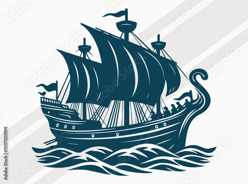 Ancient Ship Silhouette in Black, Nautical Vector Art of Vintage Sailing Ship
