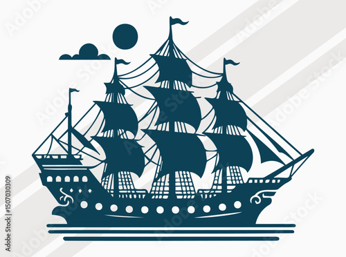 Ancient Ship Silhouette in Black, Nautical Vector Art of Vintage Sailing Ship