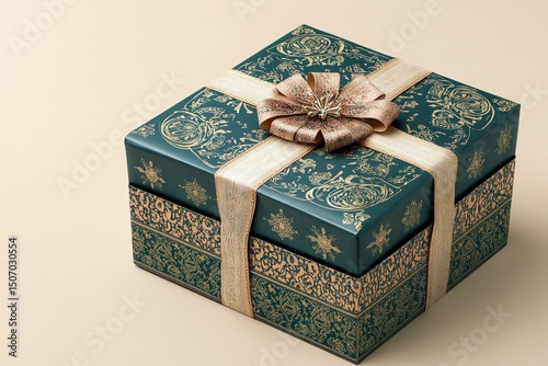 Elegant Teal Gift Box with Gold Ribbon and Festive Design Perfect for Holidays or Special Occasions