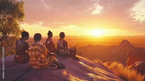 An Aboriginal family sits peacefully on a rocky outcrop as they look out over a vast valley illuminated with golden and orange light at sunset.