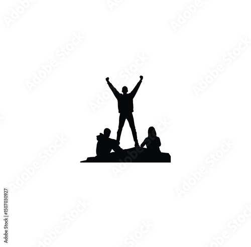 Silhouette of person holding trophy overhead on white background