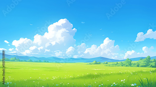 Anime - style Meadow Landscape Wallpaper with Blue Sky and Clouds