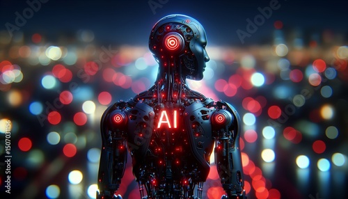 This is a futuristic, AI-powered humanoid with glowing neon lights that embodies technological innovation in a vibrant cityscape.
