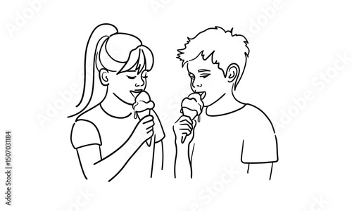 Boy and girl eating ice cream continious line drawing. Summer holidays outline. Vector illustration