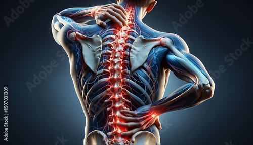 This is an anatomical illustration of the human spine and muscles. It highlights areas of pain and discomfort in a medical visualization.
