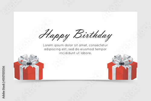 Happy birthday card with white background and red gift boxes with silver ribbon