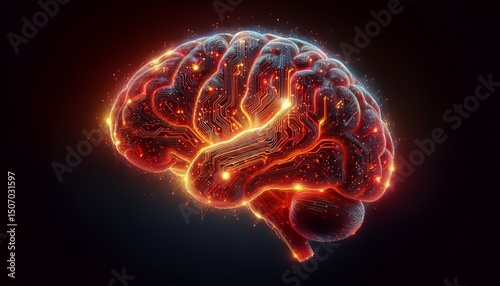 A glowing digital brain with intricate circuitry symbolizes the fusion of technology and human intelligence.
