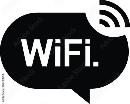 Black Speech Bubble with WiFi Symbol and White Text on White Background. Minimalist