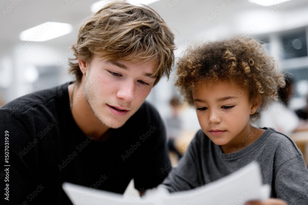 Obraz premium A focused young adult assists a child in learning, showcasing the bond of mentorship and education. Their engagement highlights the importance of guidance in learning.