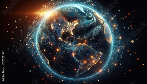 A glowing Earth surrounded by interconnected networks symbolizes global connectivity and technological advancement.
