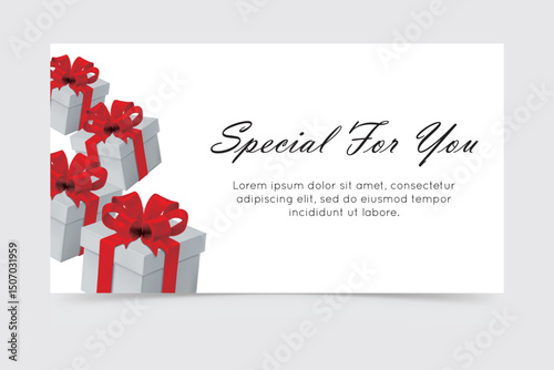 Elegant special gift card with red ribbon gift boxes on white background