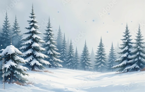 Winter tree background image with white snow, landscape, nature, banner texture poster ad, illustration