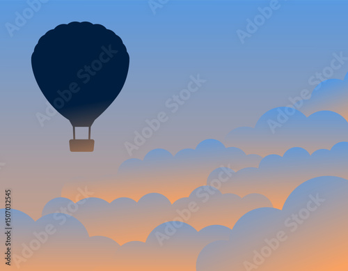 Hot air balloon in the sky of the setting sun. Sunset. Abstract clouds in the gradient.