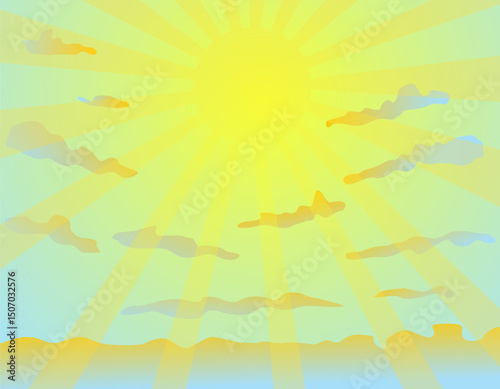 Clouds on a background of a bright crazy sun. Illustration of a background of clouds.